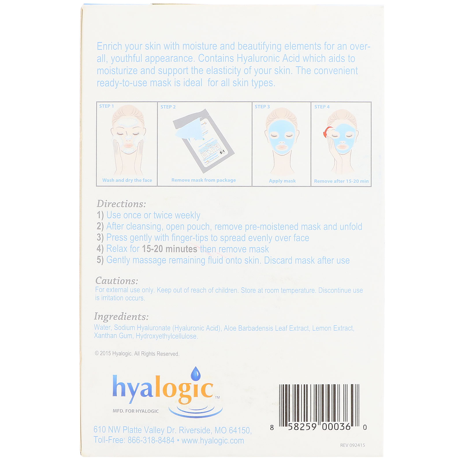 hyalogic llc, ha moisture mask, 4 masks