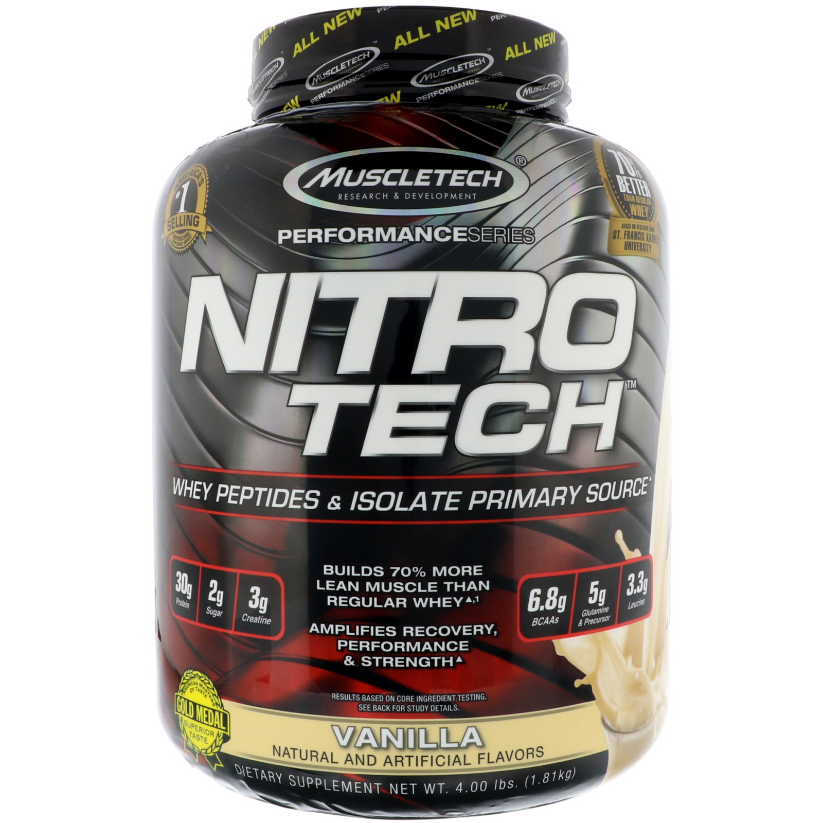 muscletech, nitro-tech性能提升系列,分离乳清增肌蛋白粉,香草口味,4