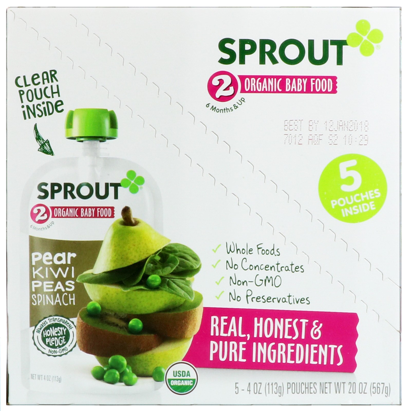 sprout organic, 婴儿食品,第2阶段,梨,猕猴桃,豌豆,菠菜,5袋,每袋4