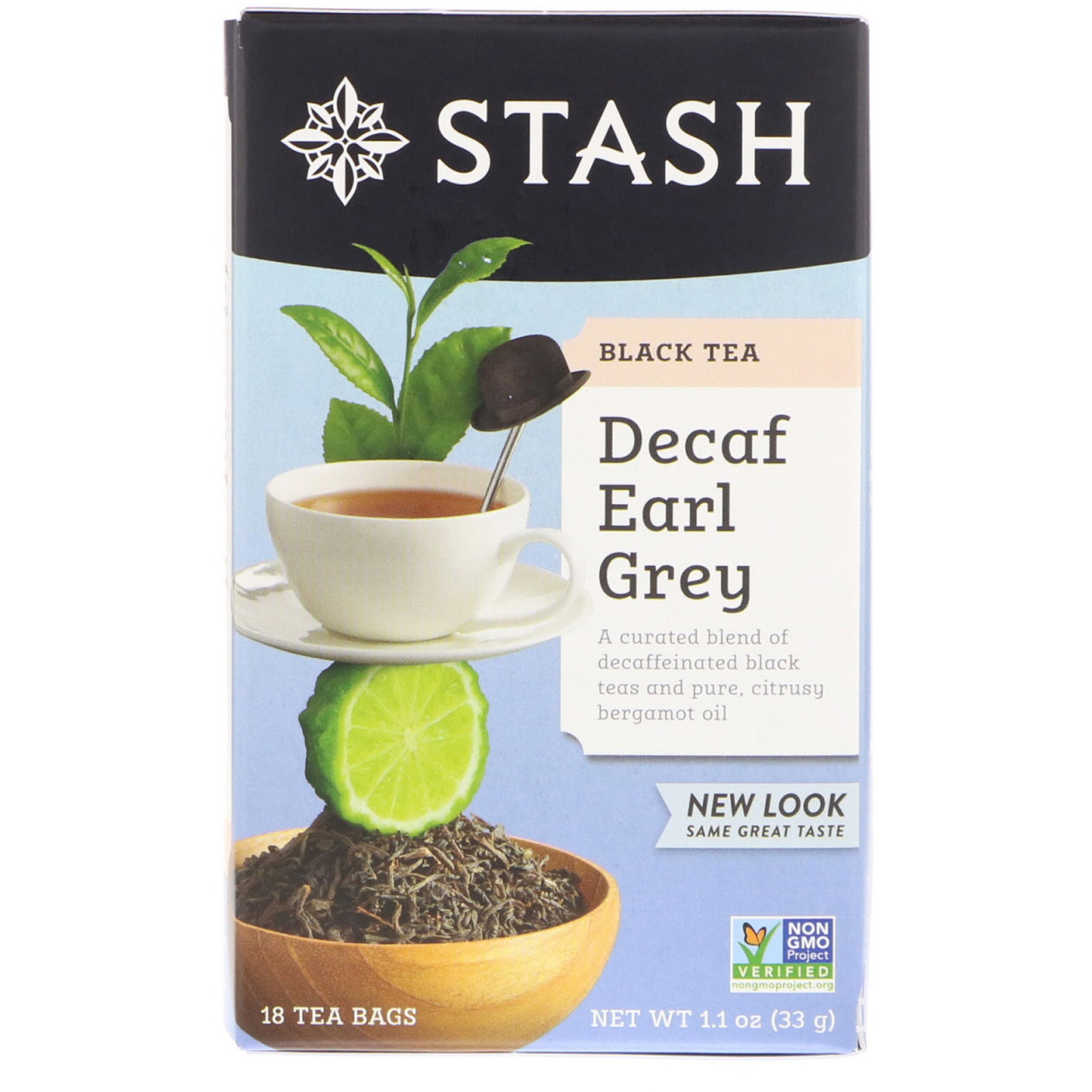 stash tea, black tea, decaf earl grey, 18 tea bags, 1.