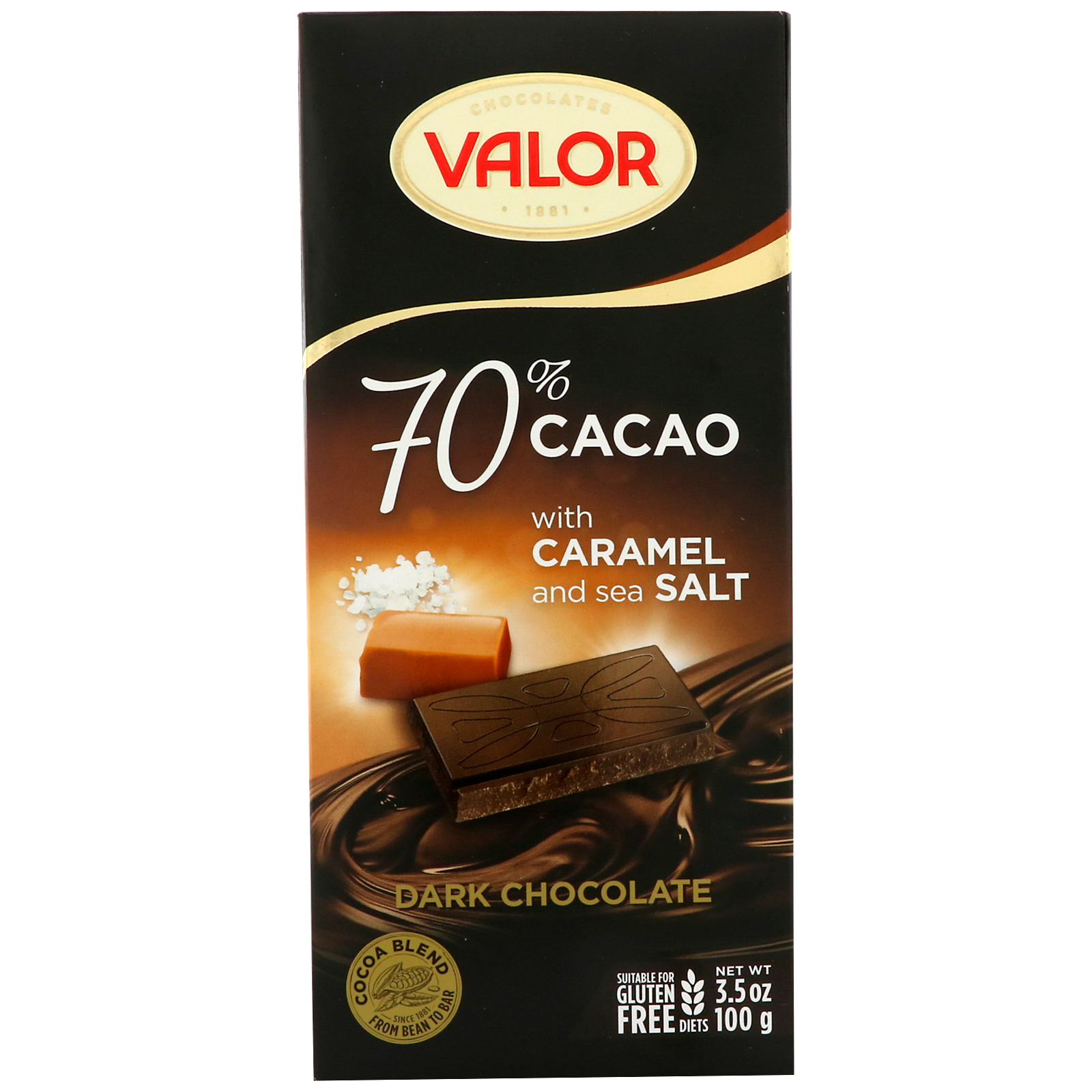 valor, dark chocolate, 70% cacao, with caramel and sea salt, 3.