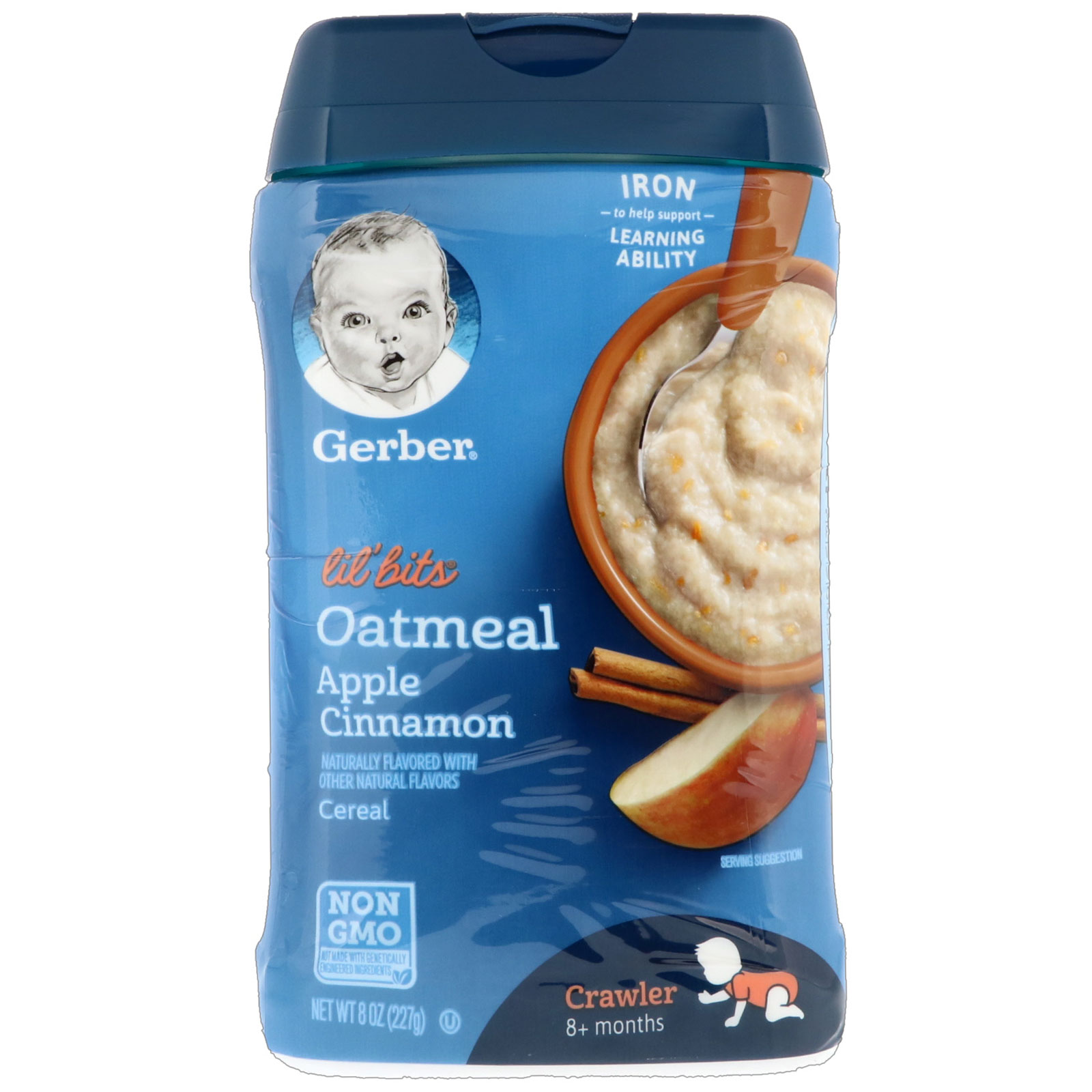 gerber, lil bits, oatmeal cereal, crawler, 8  months, apple