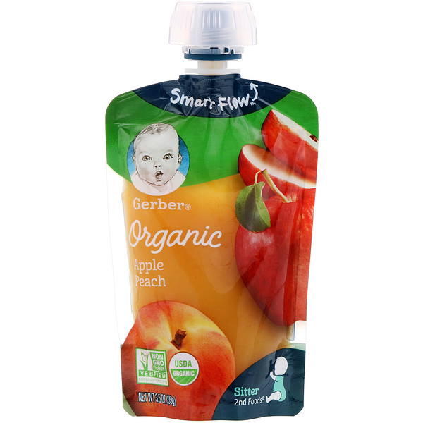 Gerber, Smart Flow Sitter 2nd Foods, Organic Baby Food, Apples & Summer Peaches, 3.5 oz (99 g)