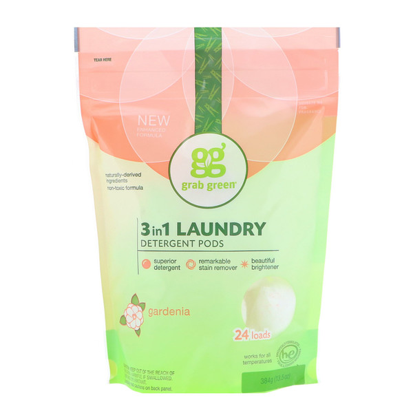 Grab Green, 3-in-1 Laundry Detergent Pods, Gardenia, 24 Loads, 15.2 oz (432 g)