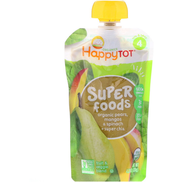 Happy Family Organics, Happytot, SuperFoods, Organic Pears, Mangos & Spinach + Super Chia, 4.22 oz (120 g)