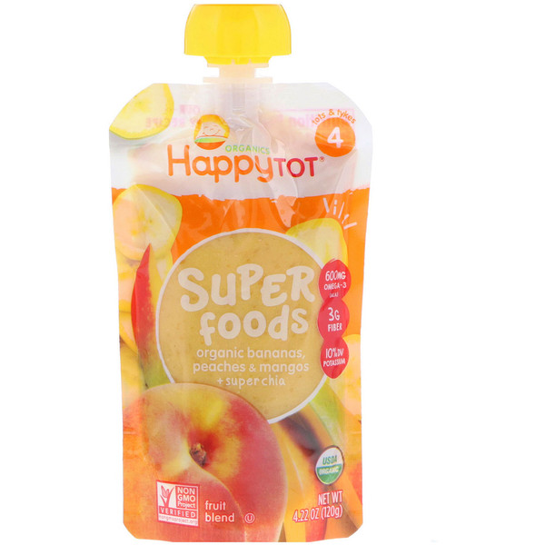 Happy Family Organics, HappyTot, Organic SuperFoods, Bananas, Peaches & Mangos + Super Chia, 4.22 oz (120 g)
