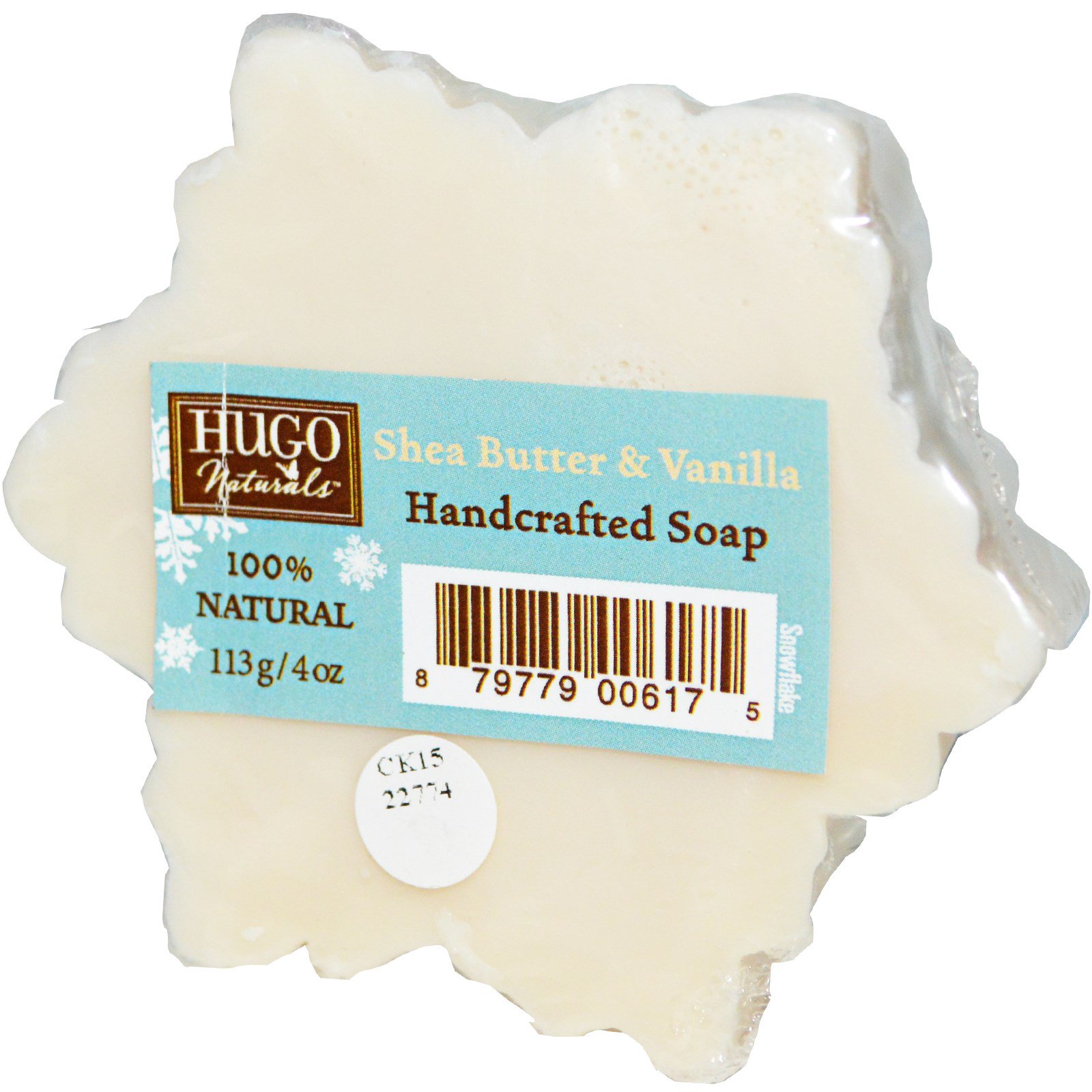 hugo naturals, handcrafted soap snowflake, shea butter & vanilla