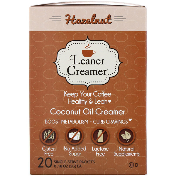 Leaner Creamer, Coconut Oil Creamer, Hazelnut, 20 Single-Serve Packets, 0.18 oz (5 g) Each
