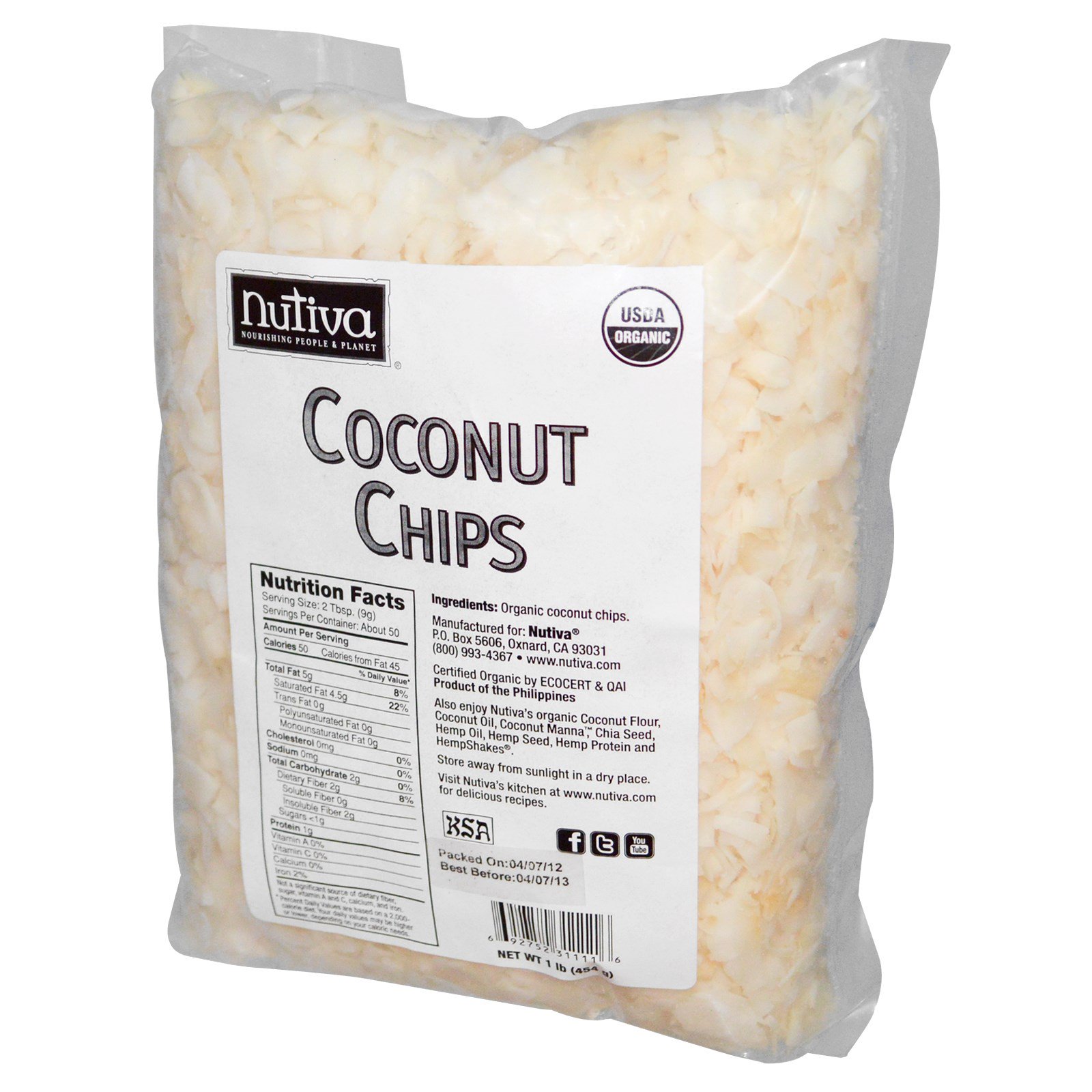 nutiva, organic coconut chips, 1 lb (454 g) (discontinued item)
