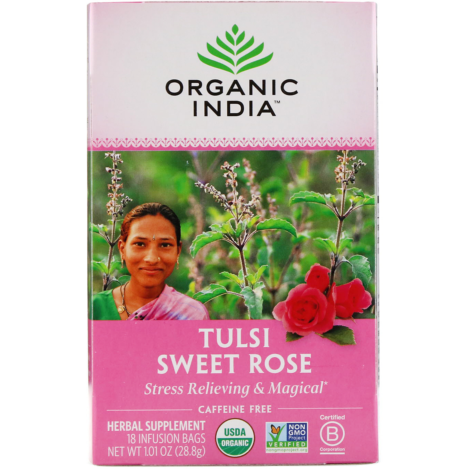 Organic India, Tulsi Sweet Rose, Caffeine Free, 18 Infusion Bags, 1.01 oz (28.8 g)
