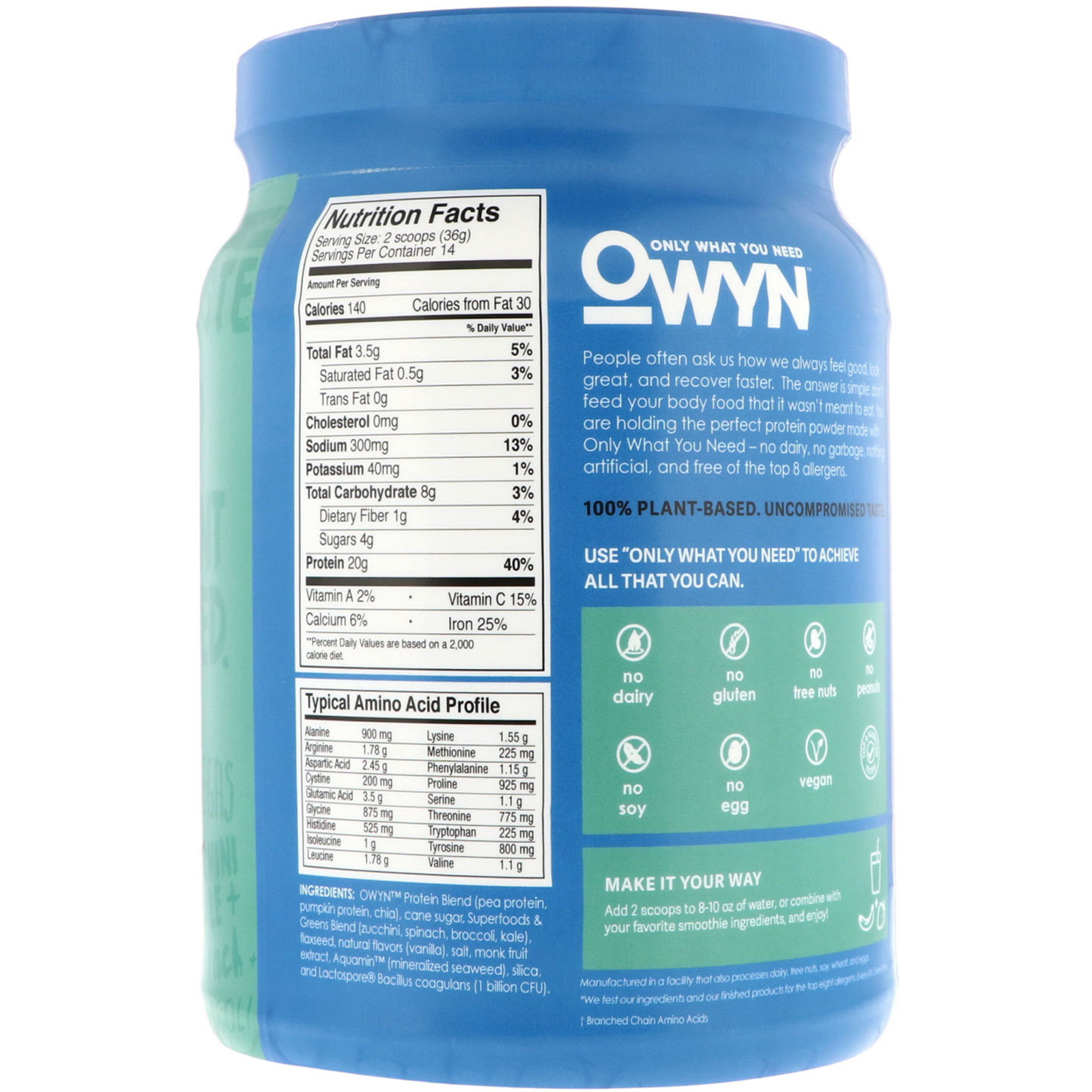 OWYN, Protein, 全 PlantBased Powder, Smooth Vanilla, 1.1 lbs (504 g