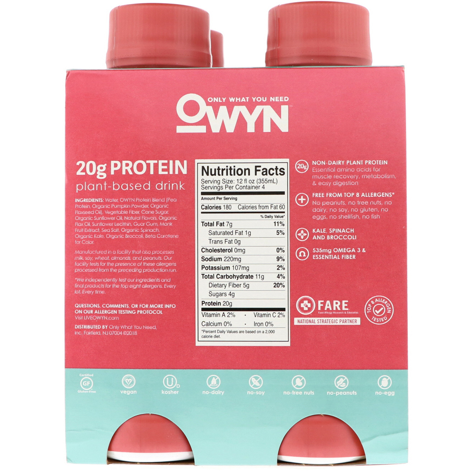 OWYN, Protein PlantBased Shake, Strawberry Banana, 4