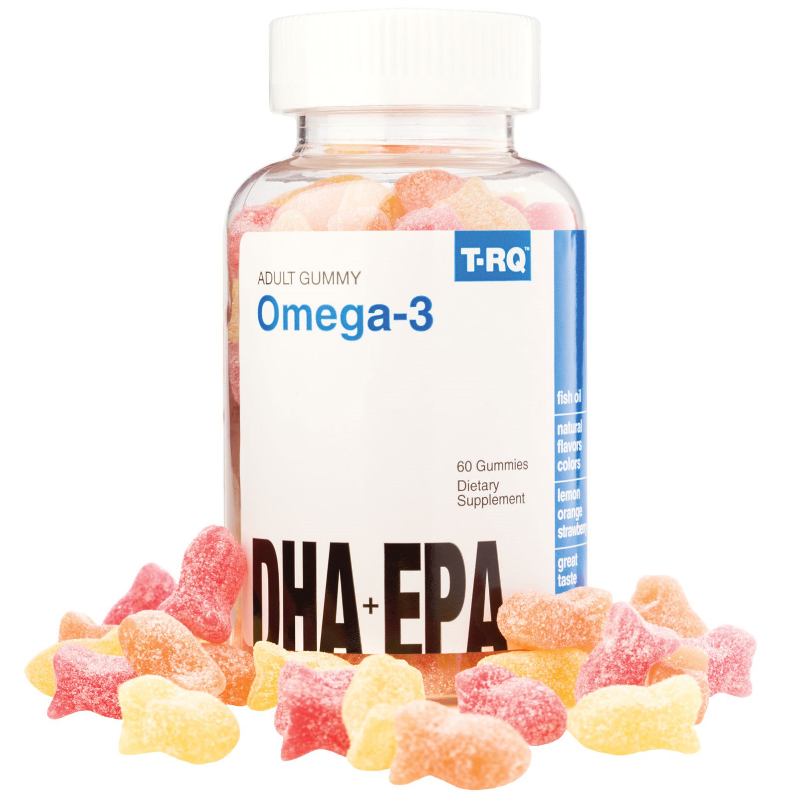t-rq, omega-3, dha   epa, lemon, orange, strawberry, 60 gummies