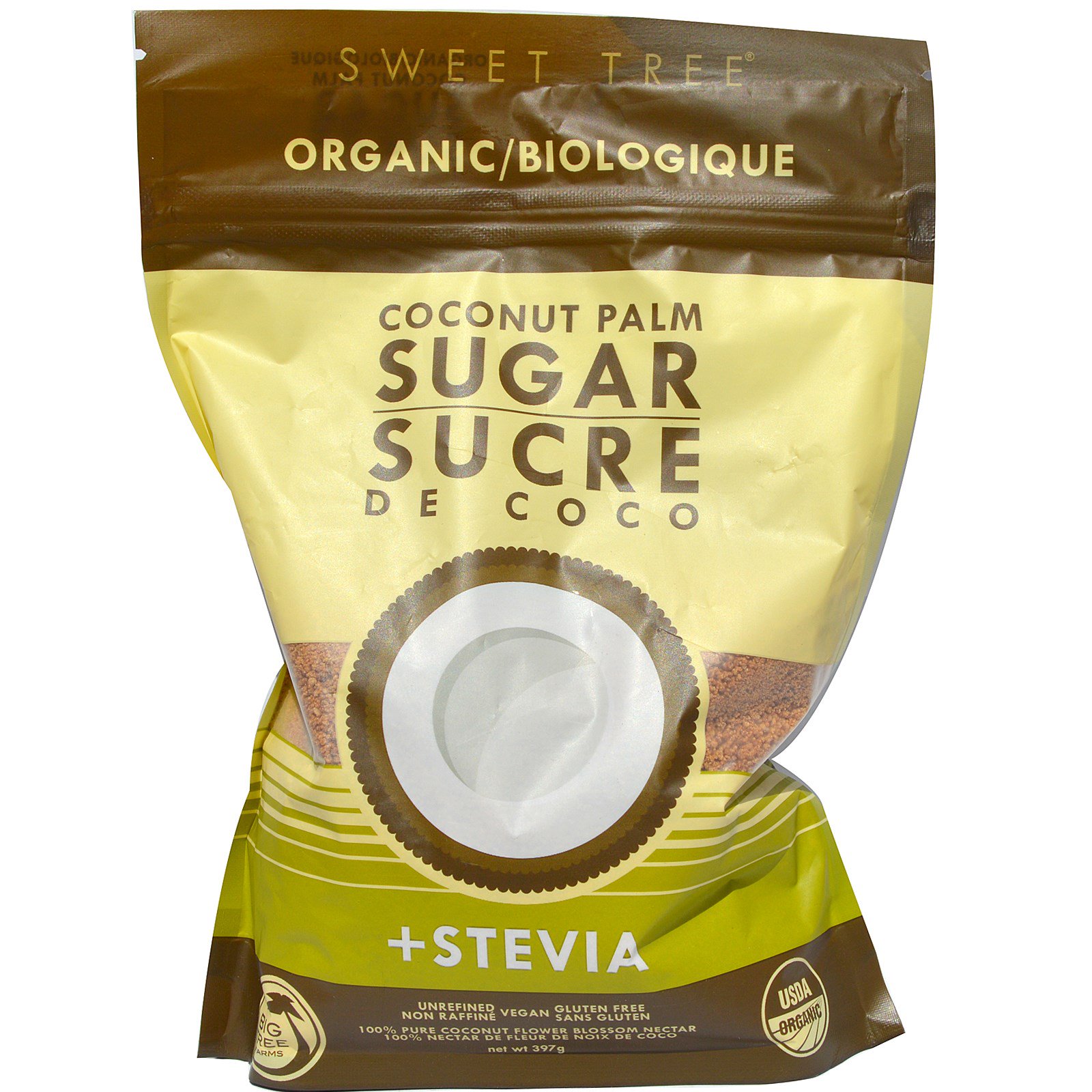 big tree farms, organic coconut palm sugar   stevia, 397 g